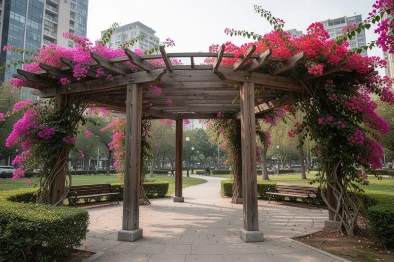 Protective pergola around a colorful bougainvillea in Barcelona