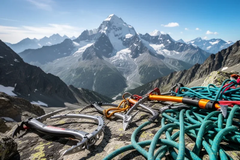 Paisaje alpino con equipo de escalada