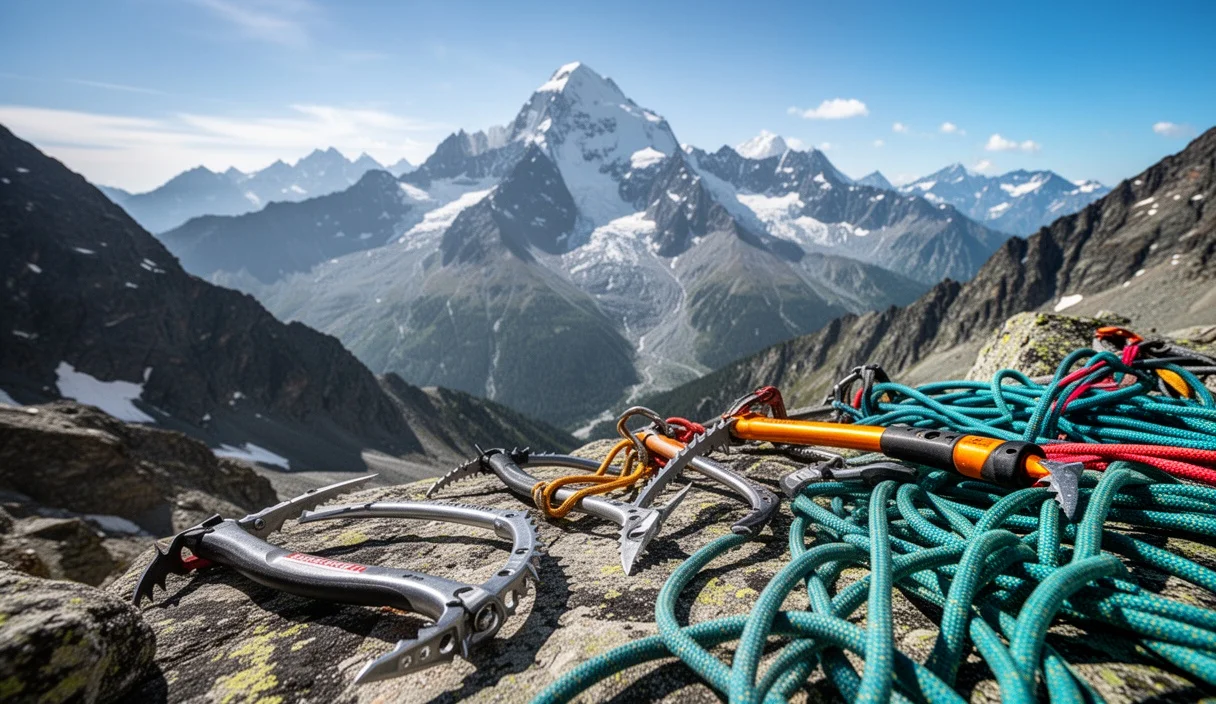 Paisaje alpino con equipo de escalada