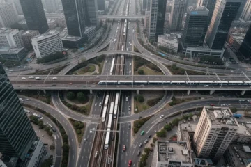 Vista aérea de infraestructura urbana con sistemas interconectados de transporte