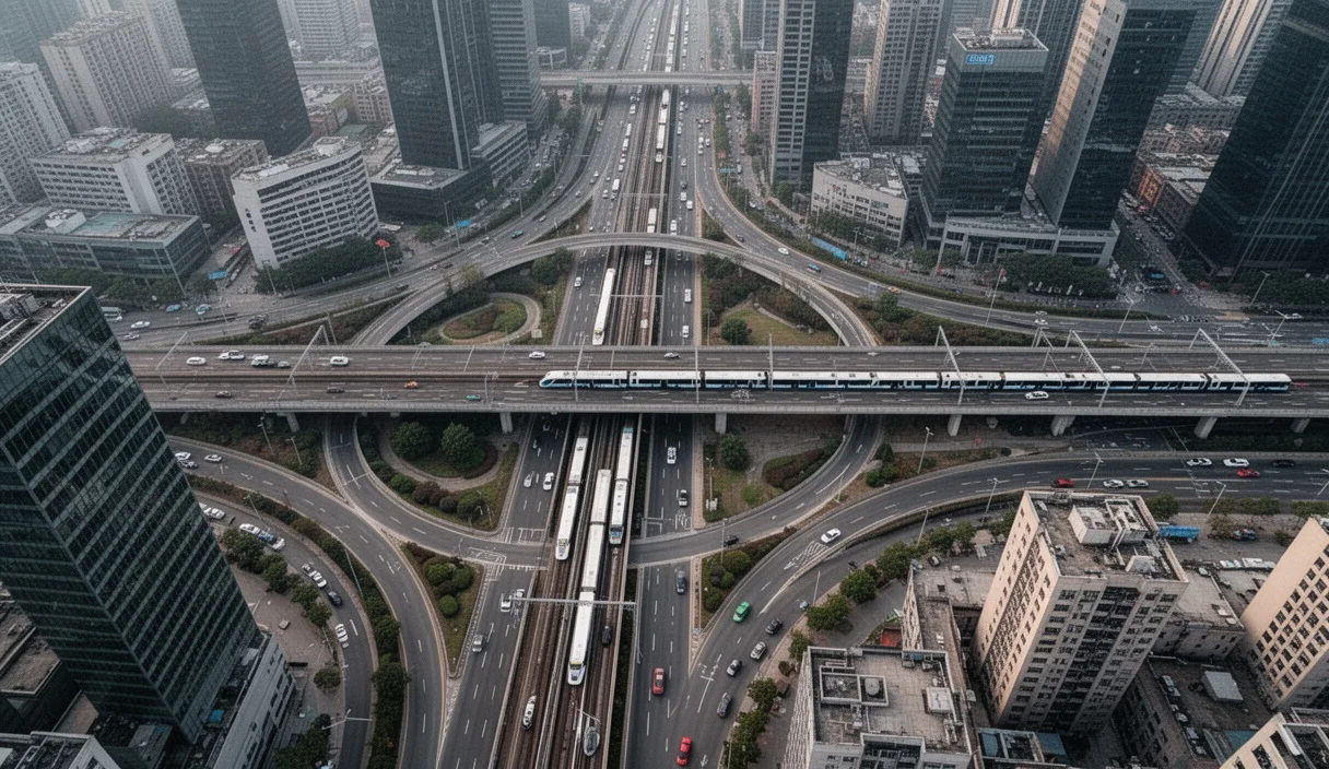 Vista aérea de infraestructura urbana con sistemas interconectados de transporte