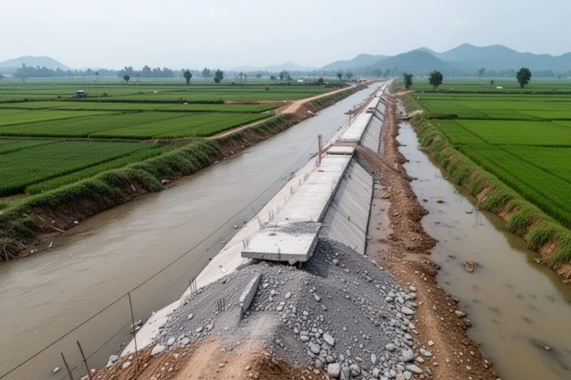 Construction site of a flood defense wall near agricultural fields