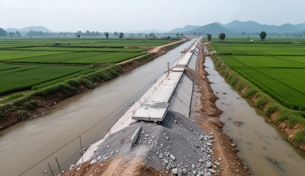 Construction site of a flood defense wall near agricultural fields