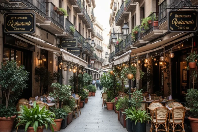 Vista animada de una calle llena de restaurantes típicos barceloneses