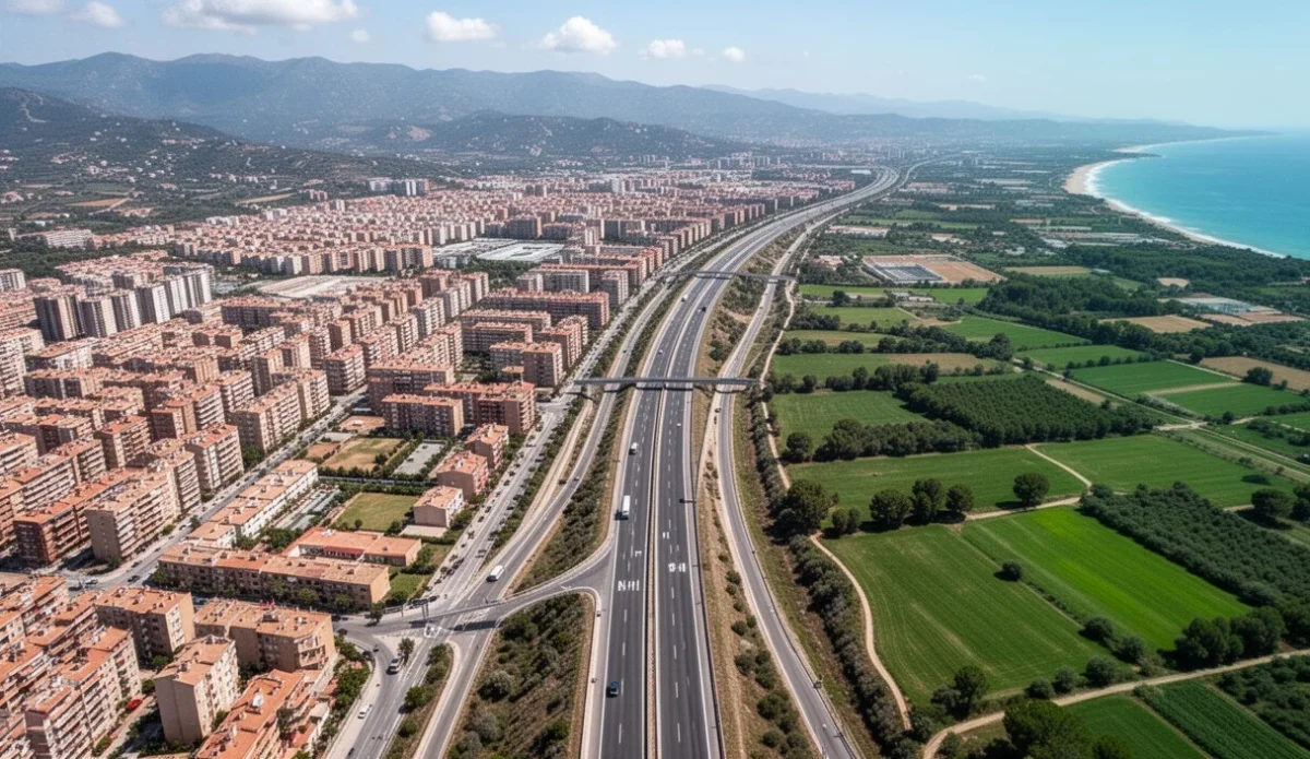Vista aérea de la carretera N-II en Mataró rodeada por áreas urbanas y espacios verdes.