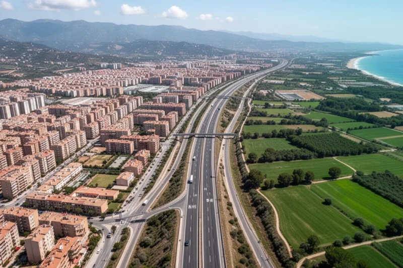 Vista aérea de la carretera N-II en Mataró rodeada por áreas urbanas y espacios verdes.
