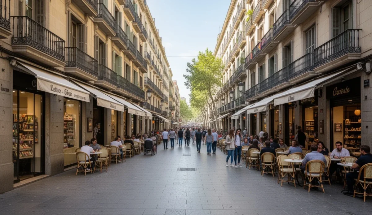 Vista diurna animada de Las Ramblas con tiendas y cafés