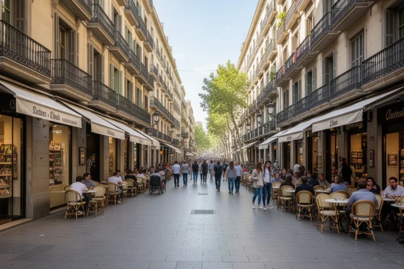 Vista diurna animada de Las Ramblas con tiendas y cafés