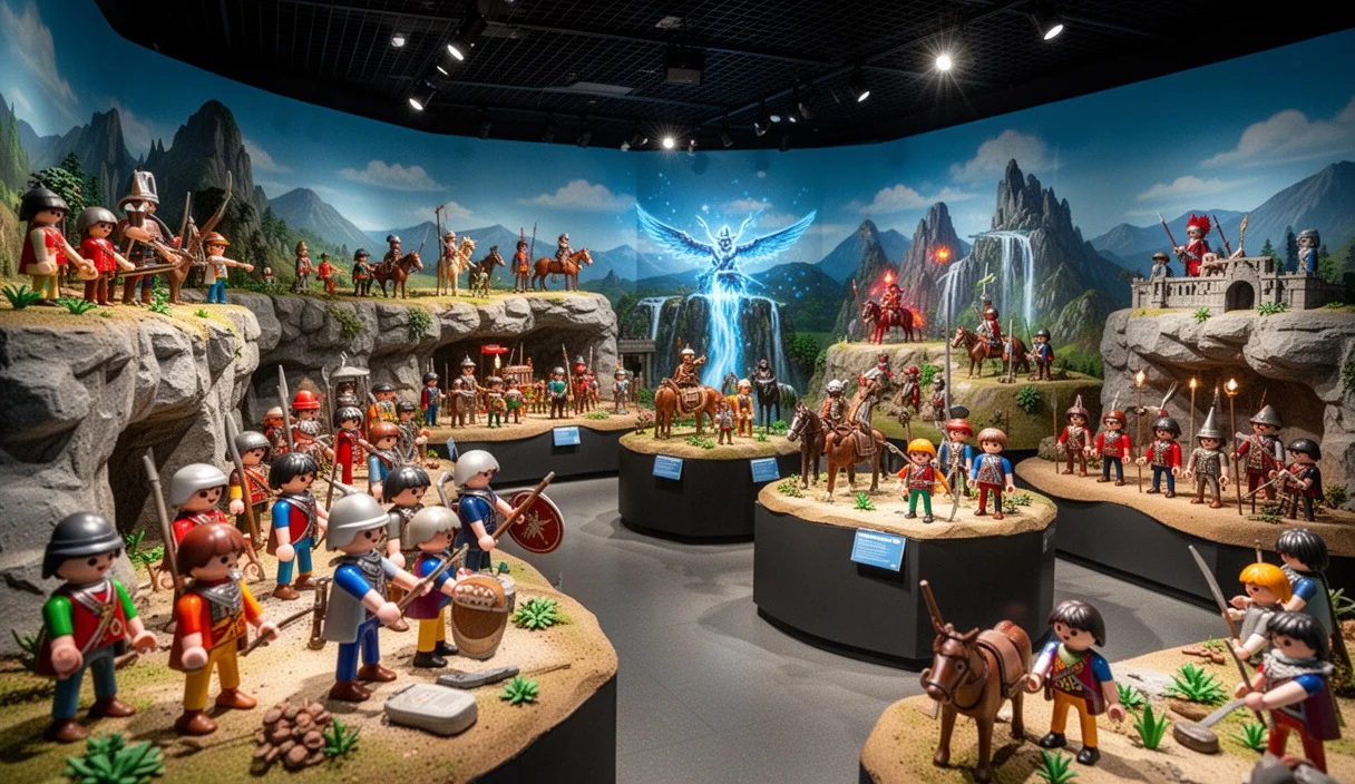 Dioramas coloridos exhibiendo figuras Playmobil en una feria