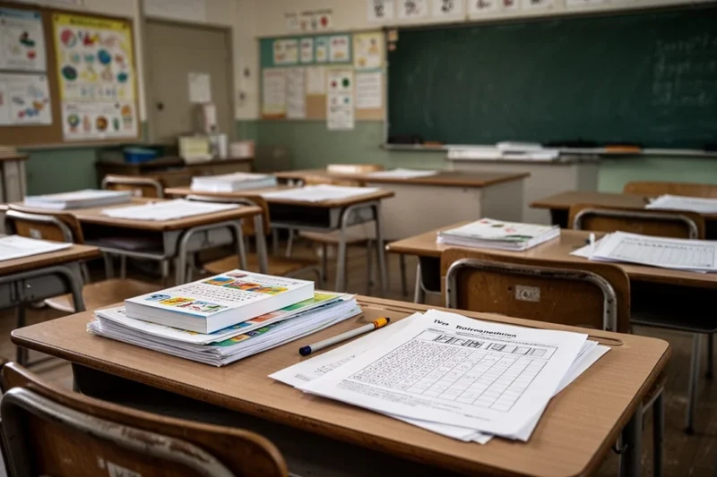 Aula vacía con materiales educativos listos para una prueba