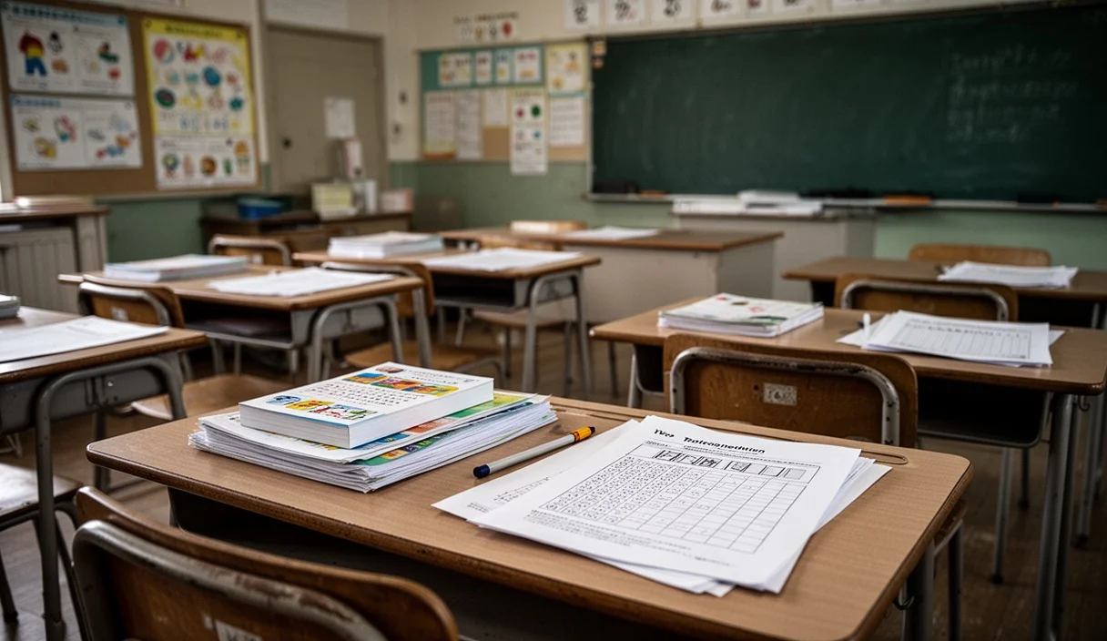Empty classroom with desks arranged neatly and a chalkboard filled with equations
