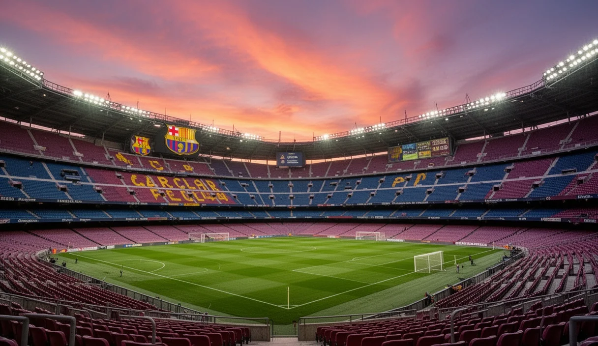Estadio del FC Barcelona vacío durante un atardecer