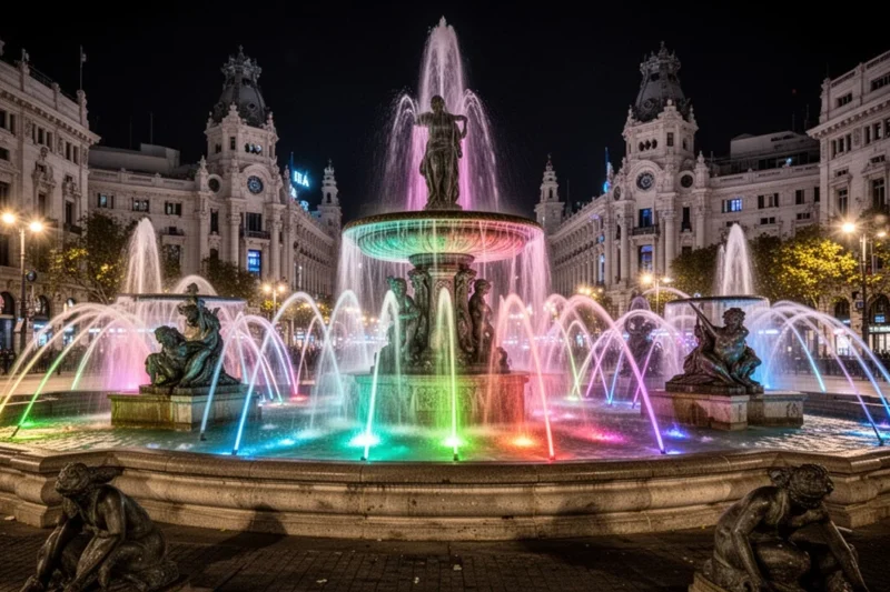 Fuentes históricas iluminadas en la Plaza Catalunya durante la noche