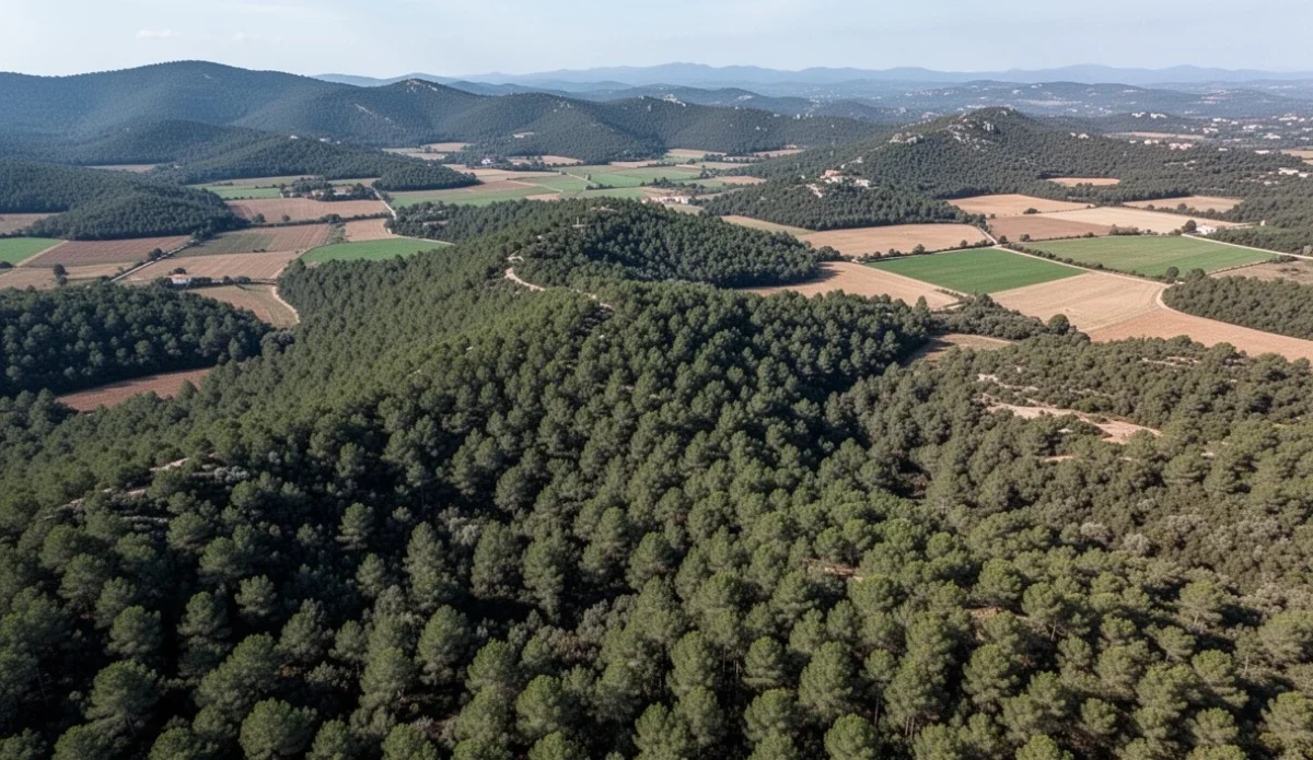Aerial view showing dense forests and agricultural patches in the Gavarres region