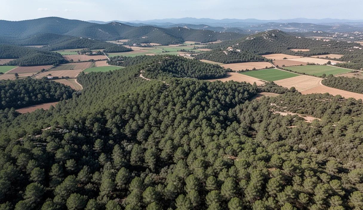 Aerial view showing dense forests and agricultural patches in the Gavarres region