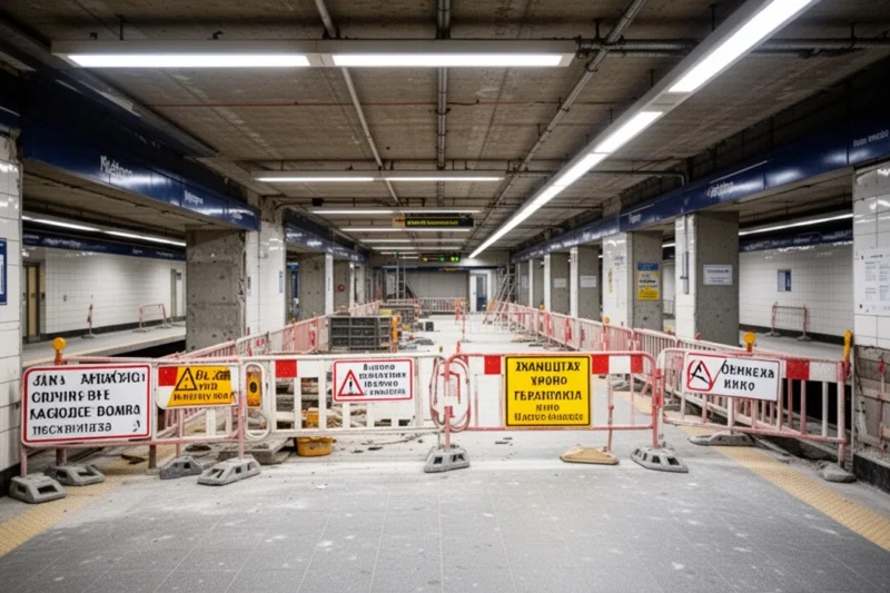 Obras en el pasillo del metro en la estación Catalunya
