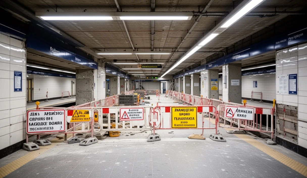 Obras en el pasillo del metro en la estación Catalunya