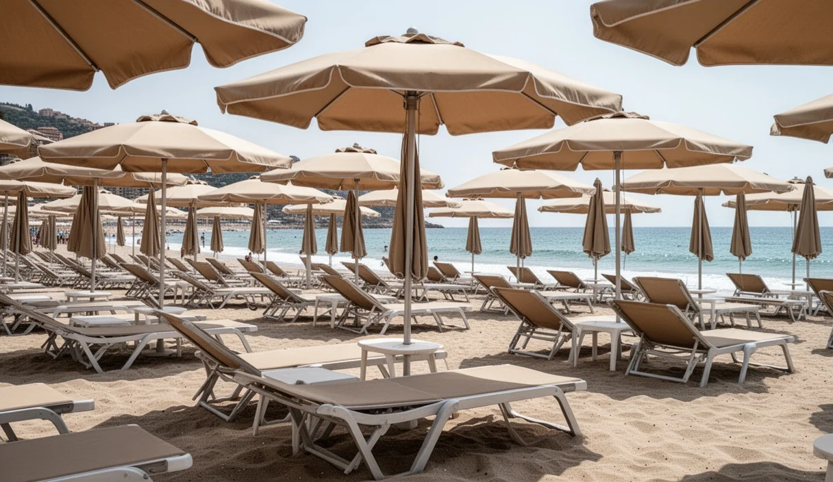 Empty chiringuito terraces along Lloret de Mar's beach under clear skies