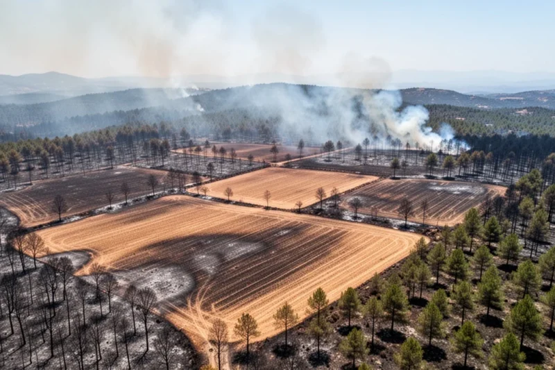 Vista aérea de terrenos agrícolas quemados tras incendios forestales en Cataluña.