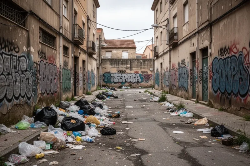 Neglected public area in Rocafonda showing littered streets