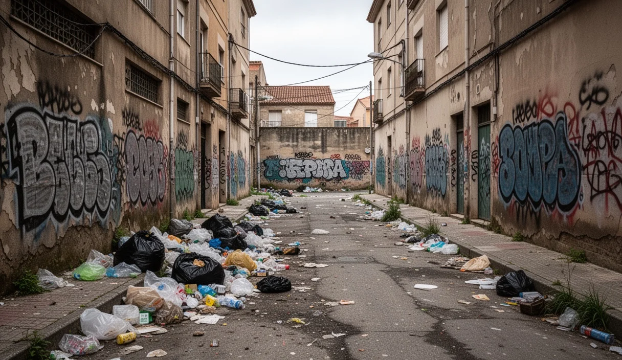 Espacios públicos deteriorados en el barrio Rocafonda con basura y grafitis visibles.