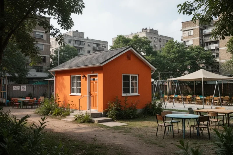 Casita naranja del Poblenou rodeada de espacios verdes y áreas comunes