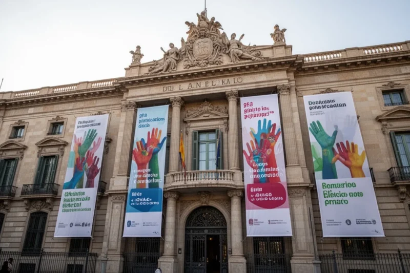 Edificio del ayuntamiento con pancartas sobre participación cívica