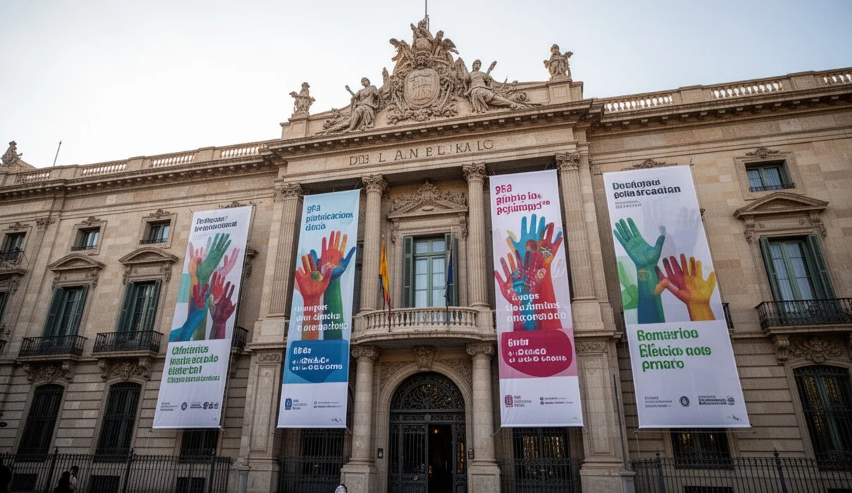 Edificio del ayuntamiento con pancartas sobre participación cívica