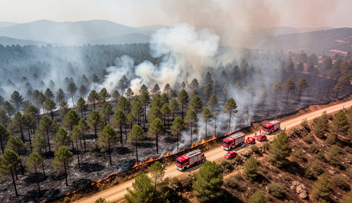 Aerial view showing extensive forest fires burning across Catalonia