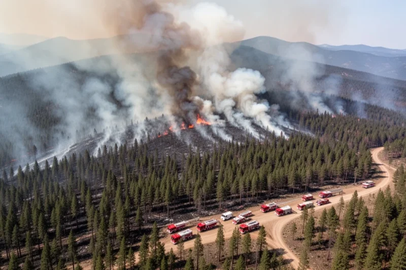 Vista aérea del incendio forestal en Les Gavarres con humo y vehículos emergentes