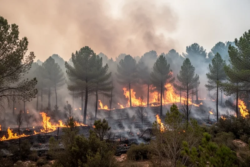 Incendio forestal activo con humo y llamas entre árboles