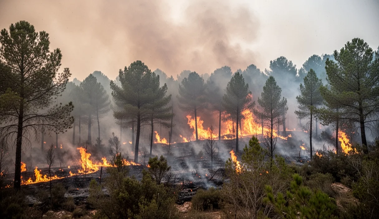 Aerial view showing extensive forest fires with smoke billowing over burnt land