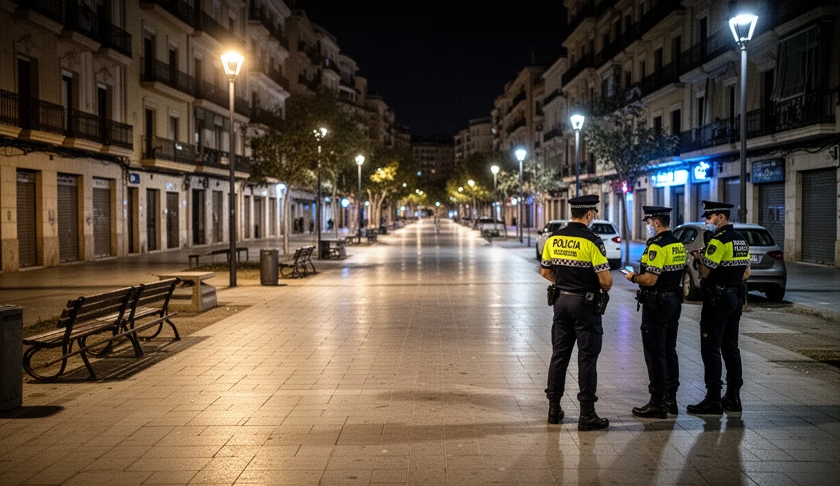 Nighttime view of Mataró streets being cleaned with empty benches