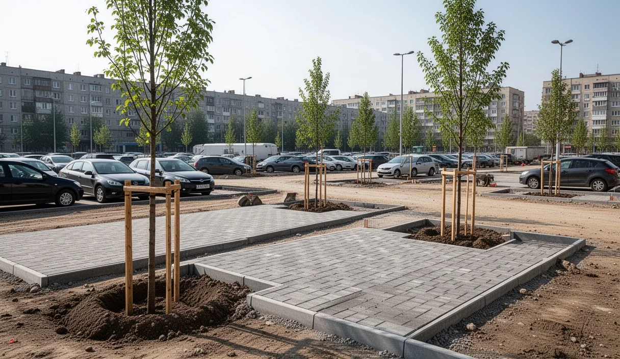 Construcción del aparcamiento provisional en Cerdanyola con árboles plantados