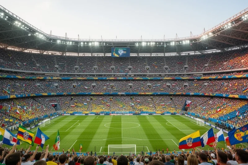 Estadio lleno durante un partido del Mundial con banderas ondeando