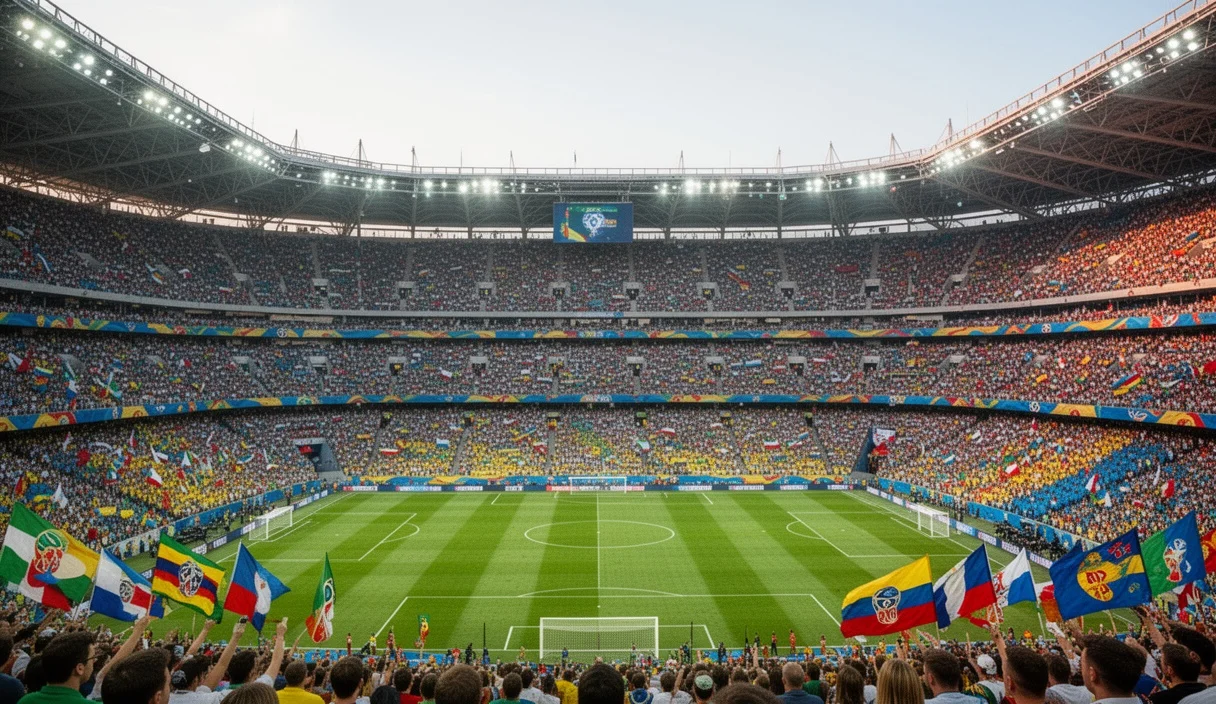Estadio lleno durante un partido del Mundial con banderas ondeando