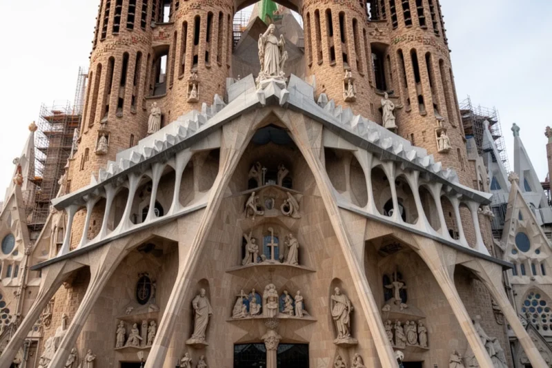 Vista detallada de elementos arquitectónicos simbólicos en la Sagrada Familia