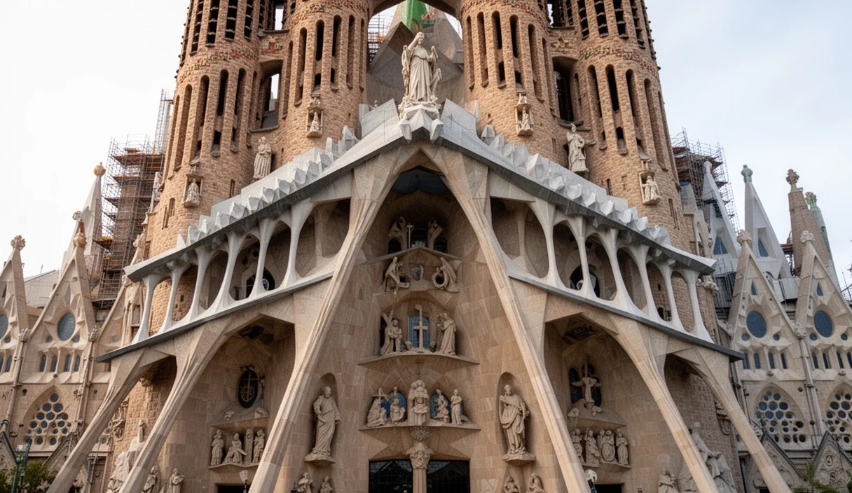 Intricate interior architecture of Sagrada Familia highlighting its spiritual symbolism