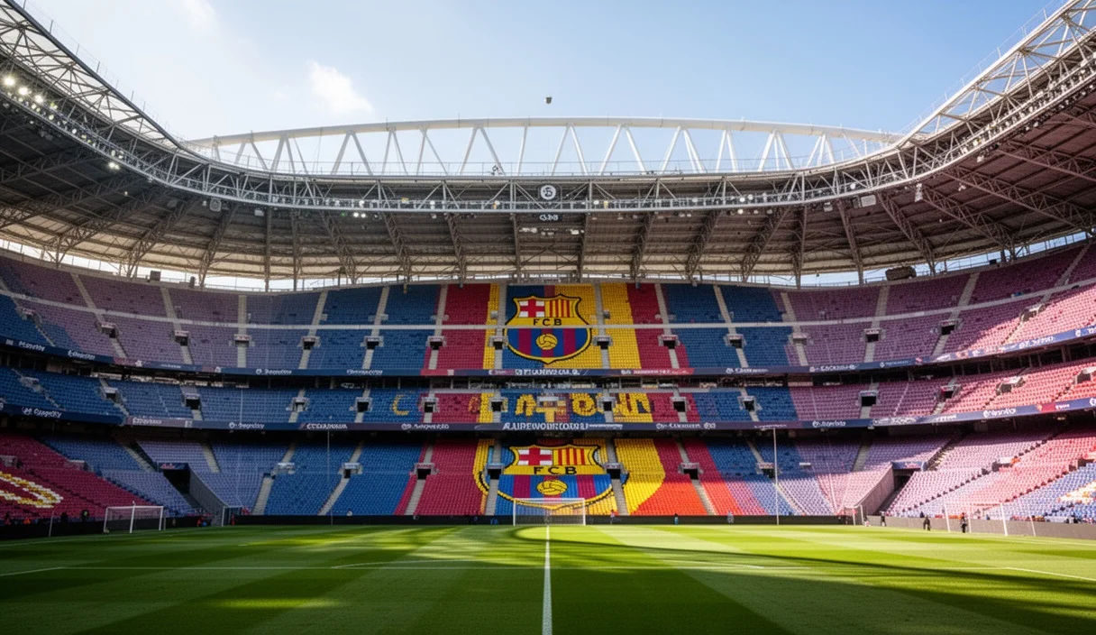 Vista vacía del estadio Spotify Camp Nou bajo un día soleado