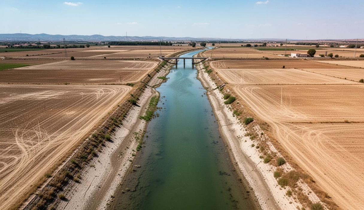 Vista aérea del Canal Urgell mostrando campos secos debido a la sequía
