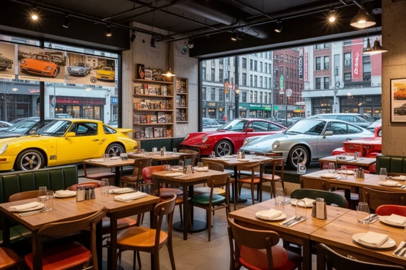 Interior del Revel Bar mostrando mesas junto a coches expuestos