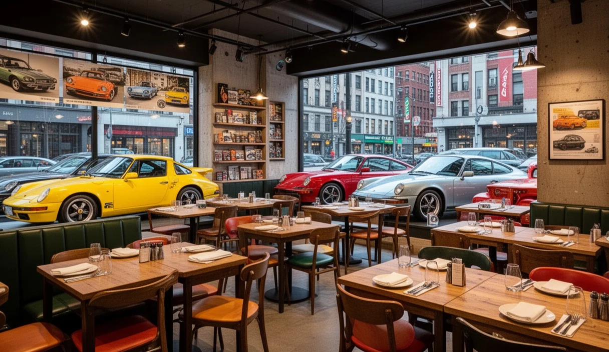Interior view of Revel Bar highlighting dining space next to cars