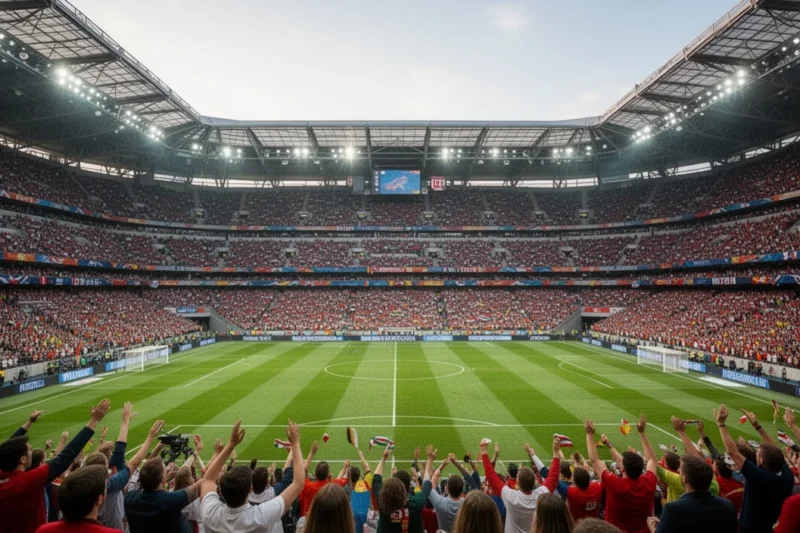 A lively football stadium scene capturing fan excitement during a match