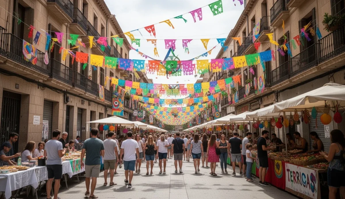 Colorful decorations in a street celebrating Fiesta Mayor in Terrassa