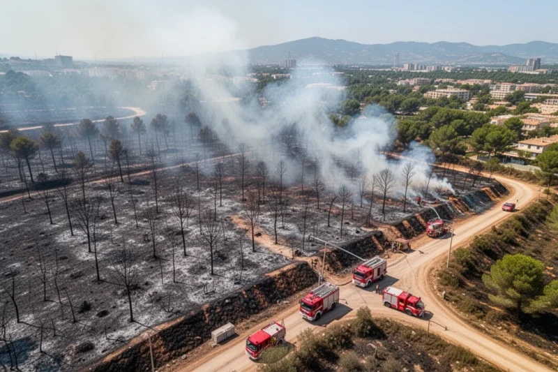 Vista aérea del área afectada por el incendio en Gavà con vehículos emergentes