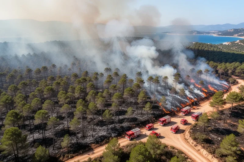 Vista aérea del incendio forestal en la Costa Brava con humo visible