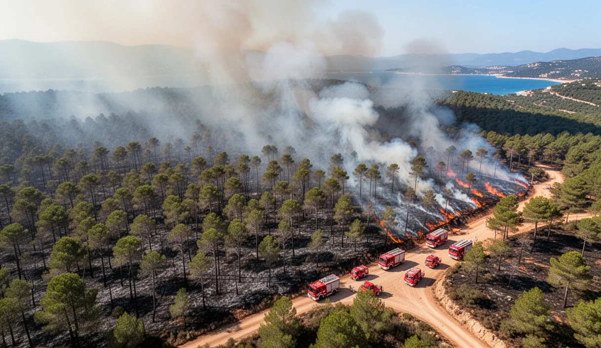 Aerial view showing extensive forest damage from a wildfire in Catalonia