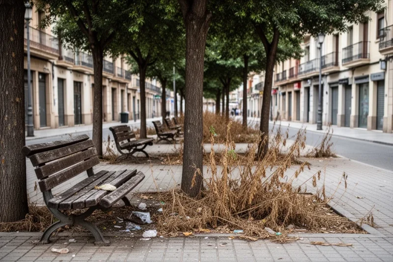 Vista deteriorada de una calle en Mataró con árboles secos y bancos deteriorados