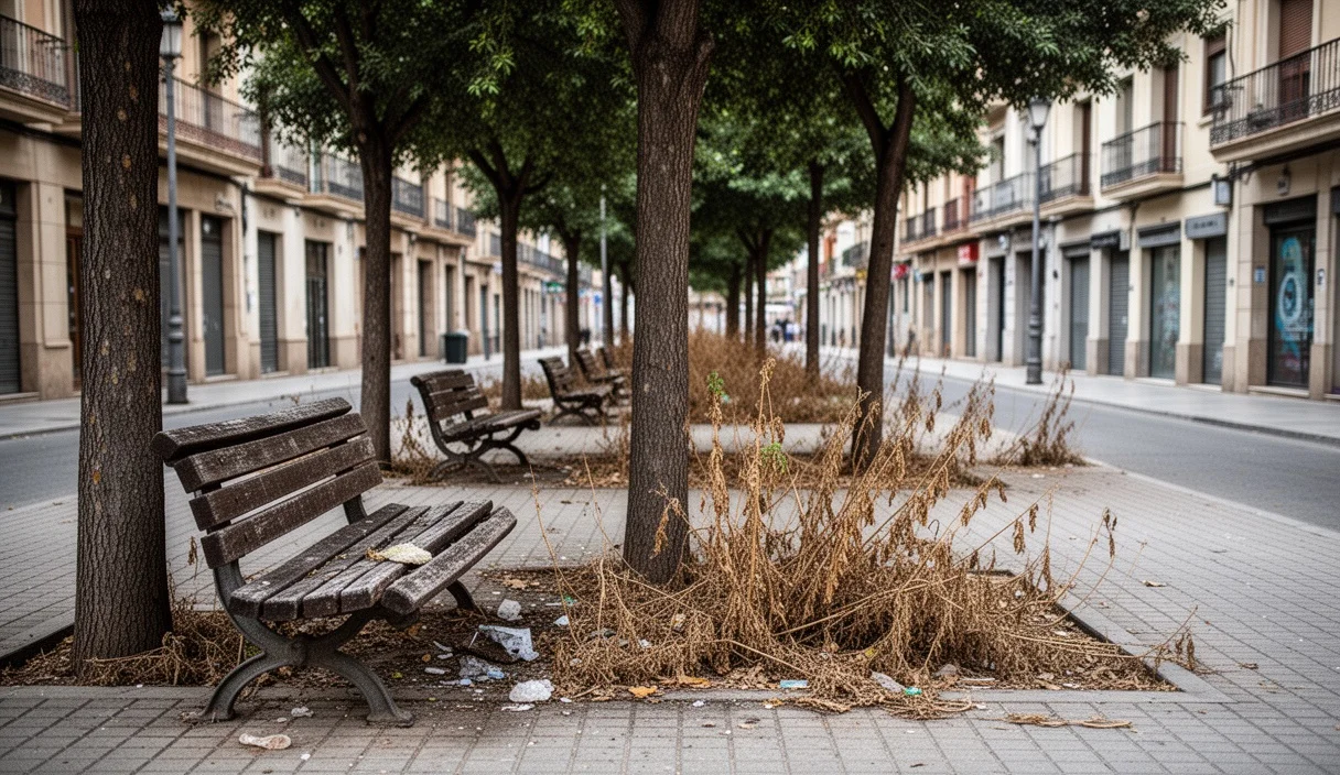 Vista deteriorada de una calle en Mataró con árboles secos y bancos deteriorados