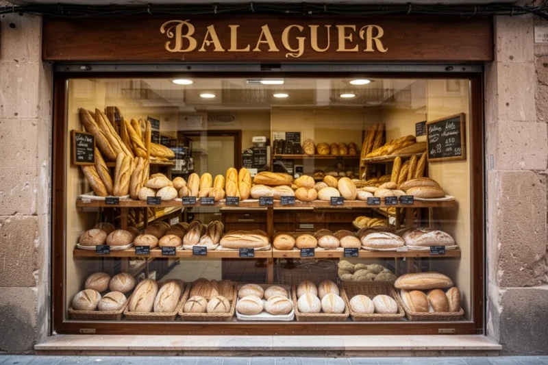 Vista exterior de una panadería en Balaguer con panes frescos expuestos